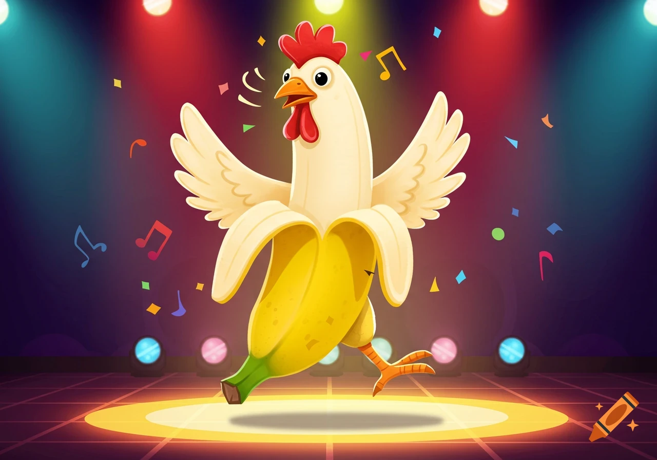 A cartoon chicken-banana hybrid dances on a stage with spotlights and confetti.