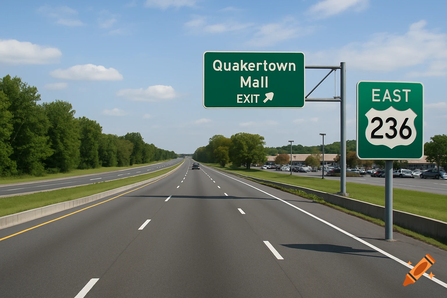 A highway exit sign pointing to Quakertown Mall and EAST 236.