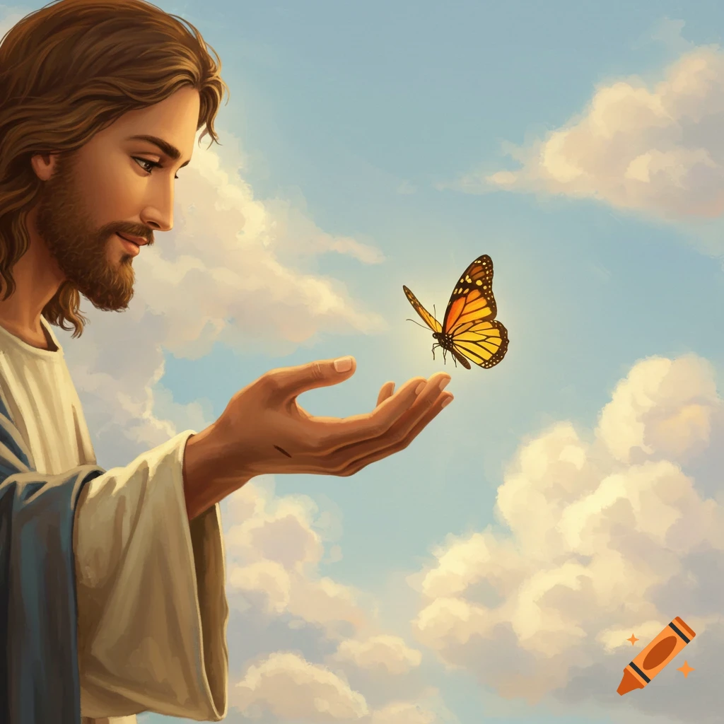 Jesus looks down at a monarch butterfly resting on his outstretched hand against a sky with clouds. Painting.