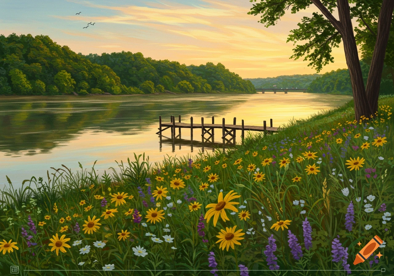 River landscape at sunset with a dock, trees, and wildflowers on the bank.