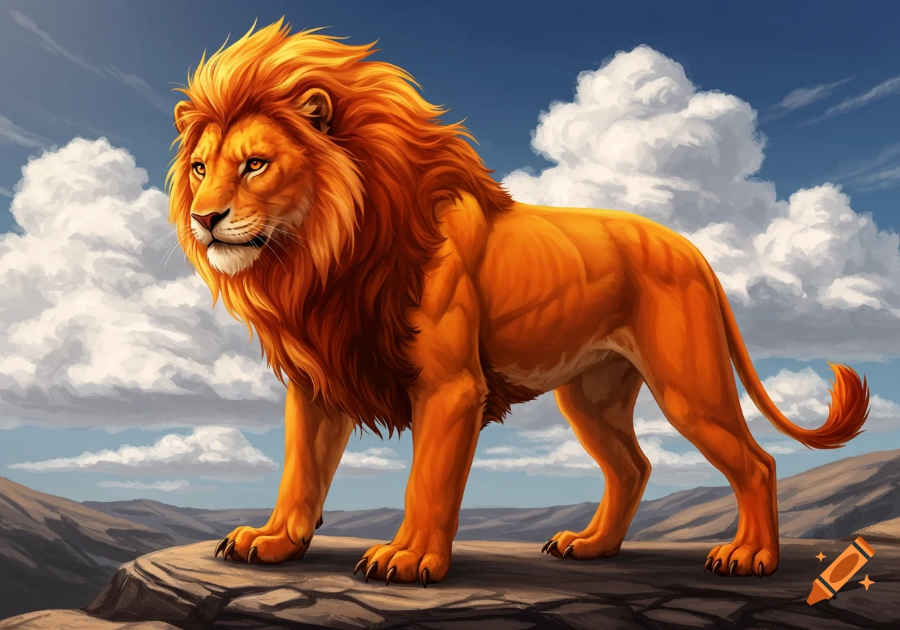 A stylized orange lion stands on a rock under a cloudy sky.