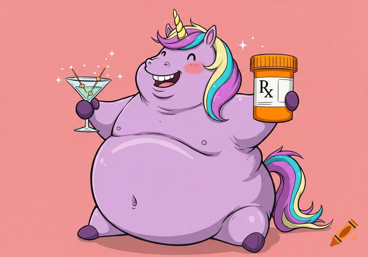 Cartoon fat unicorn holds a martini and a prescription bottle.