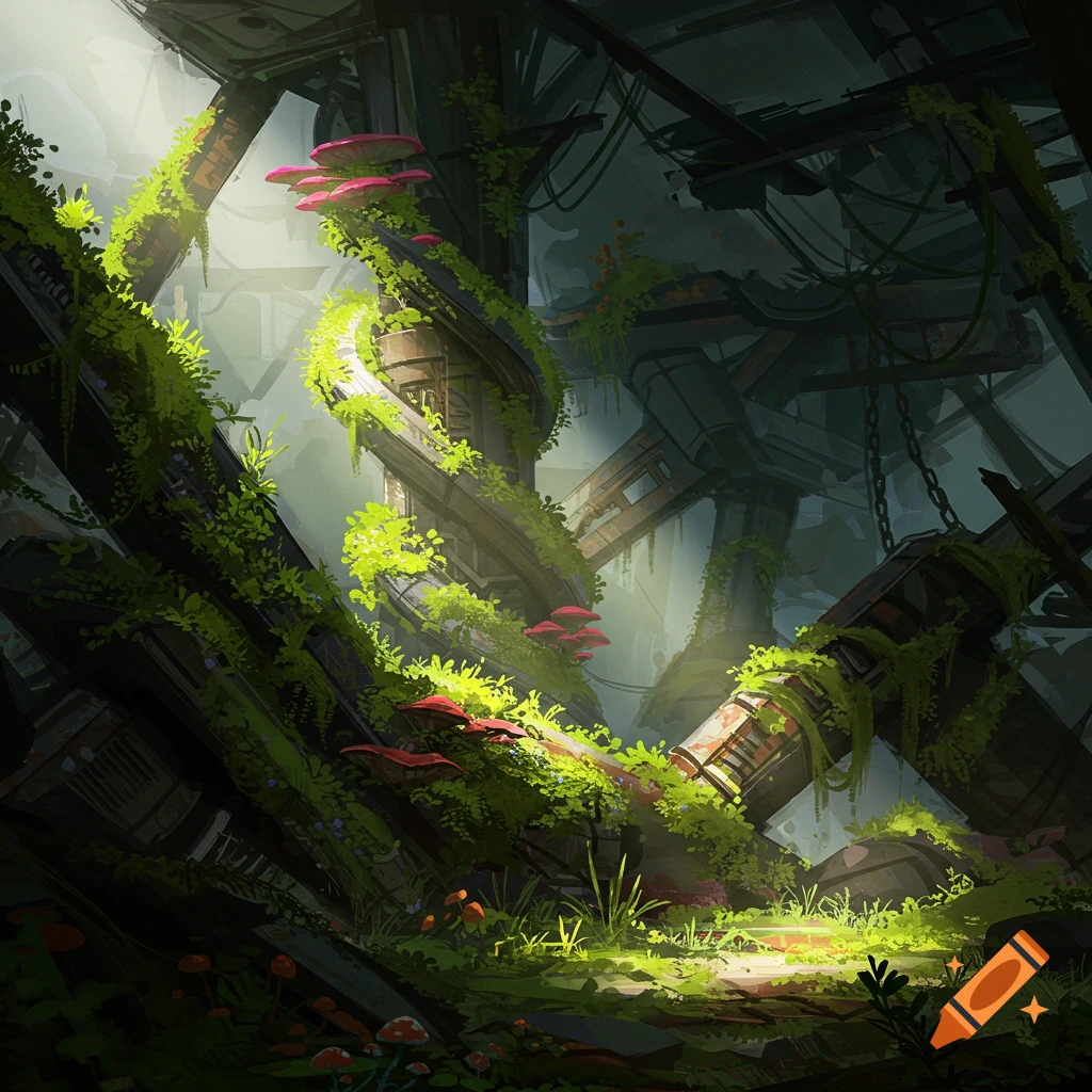 Abandoned industrial ruins overgrown with lush green vines and red mushrooms, lit by beams of light. Digital painting.