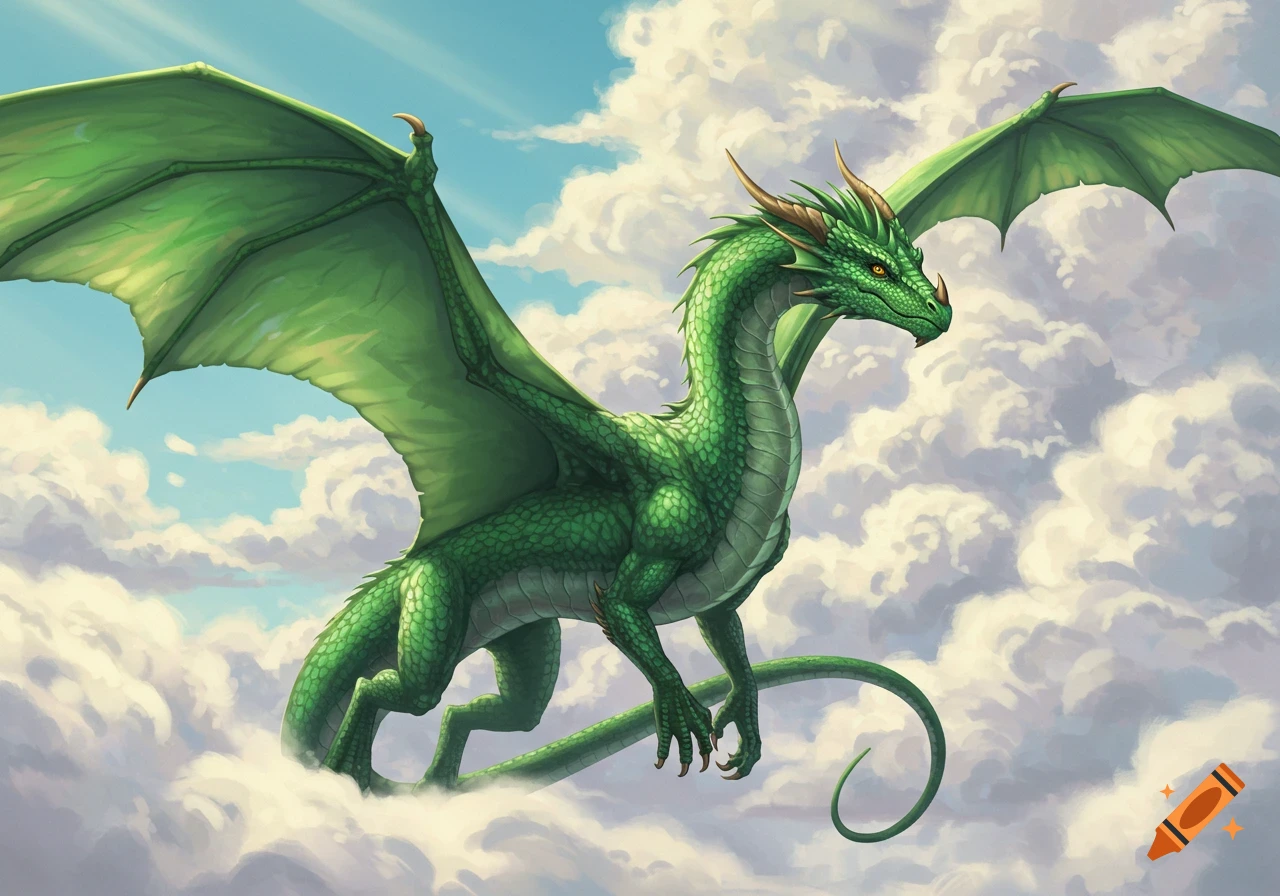 A green dragon flies through white clouds in a blue sky.