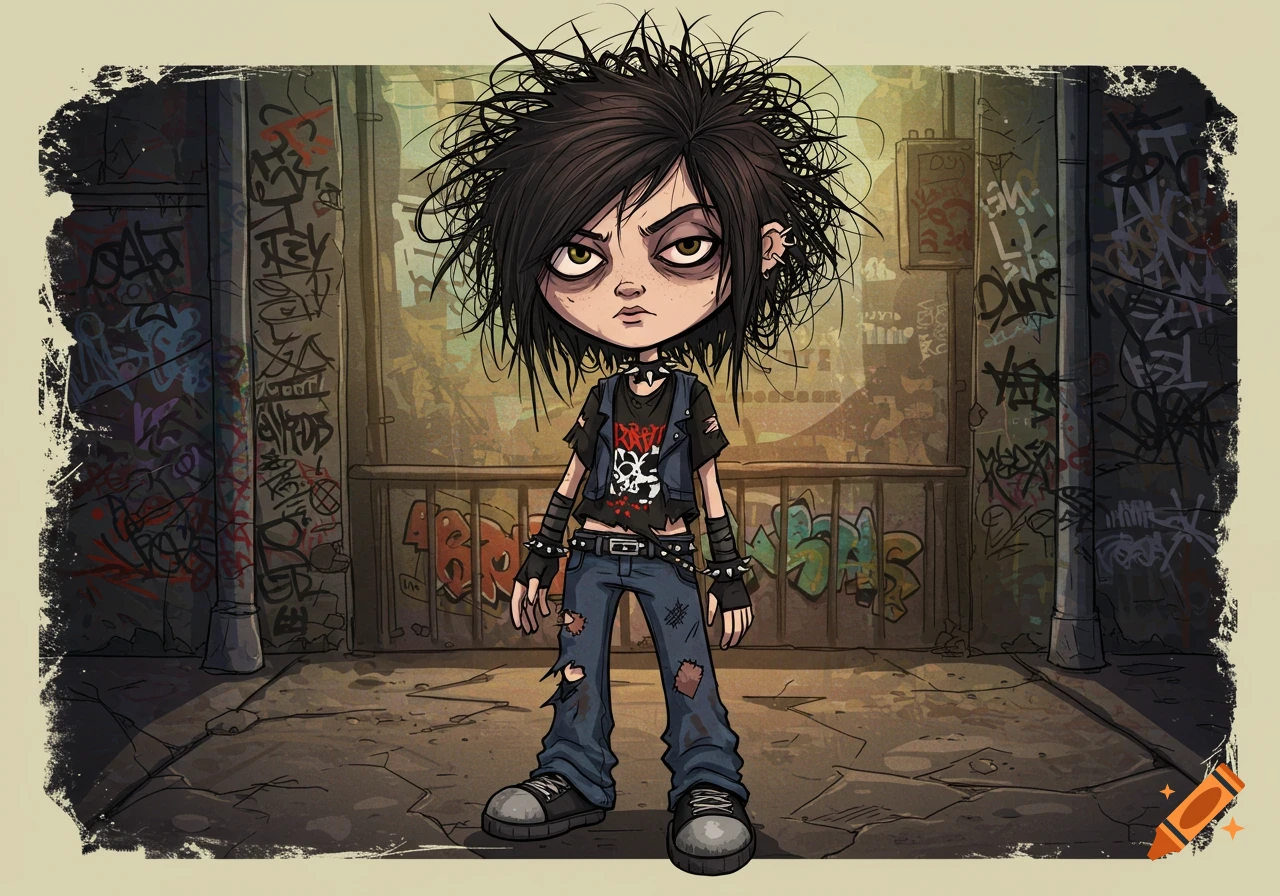 Cartoon grunge girl with messy hair stands in a graffiti-covered alley.