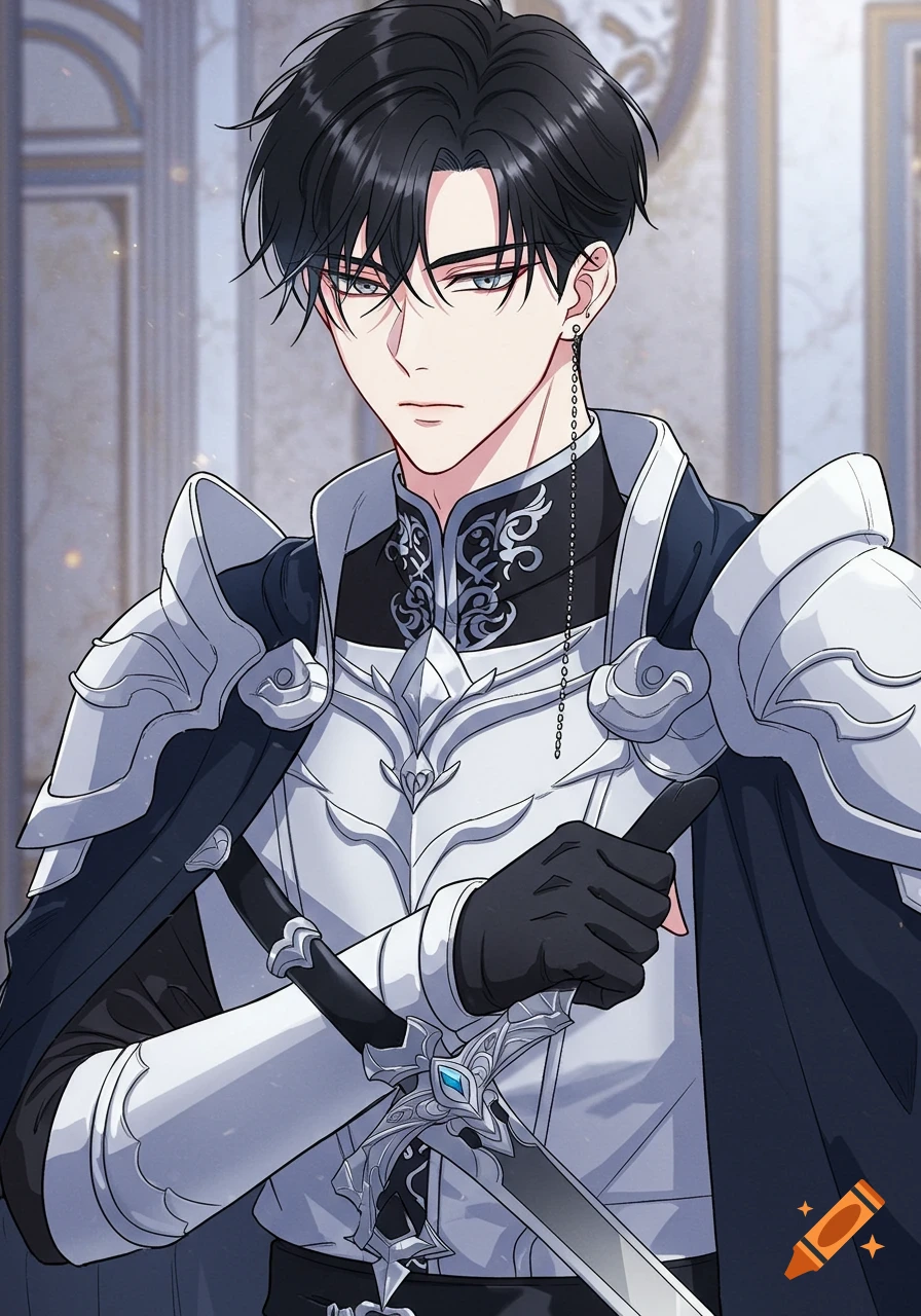 Handsome man with black hair and silver eyes in white and silver fantasy knight armor.