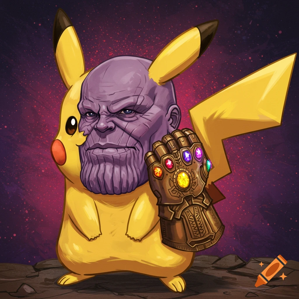 Illustration of Pikachu combined with Thanos, wearing the Infinity Gauntlet