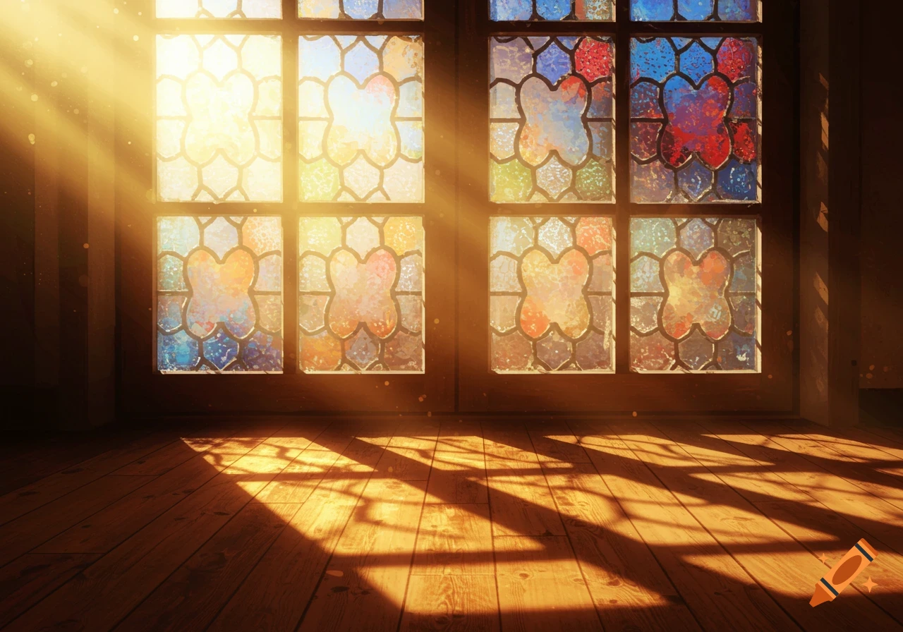 Sunbeams stream through a colorful stained glass window, casting patterned shadows on a wooden floor.