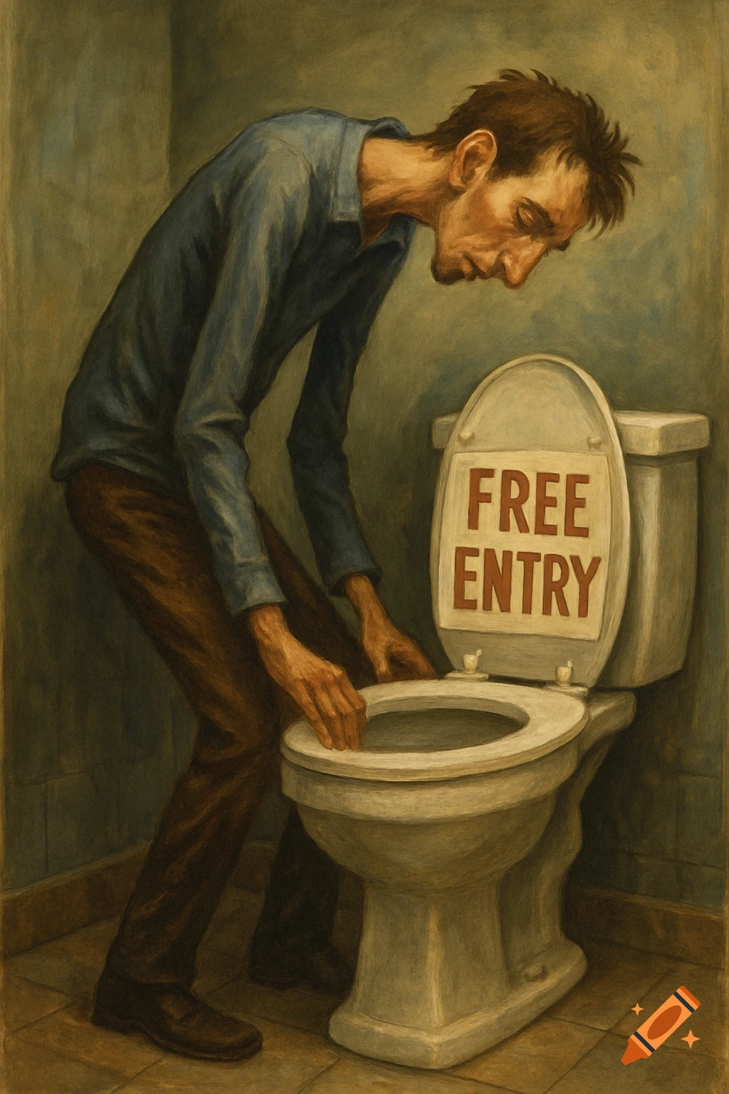 A man leans over a toilet with 'FREE ENTRY' written on the lid.