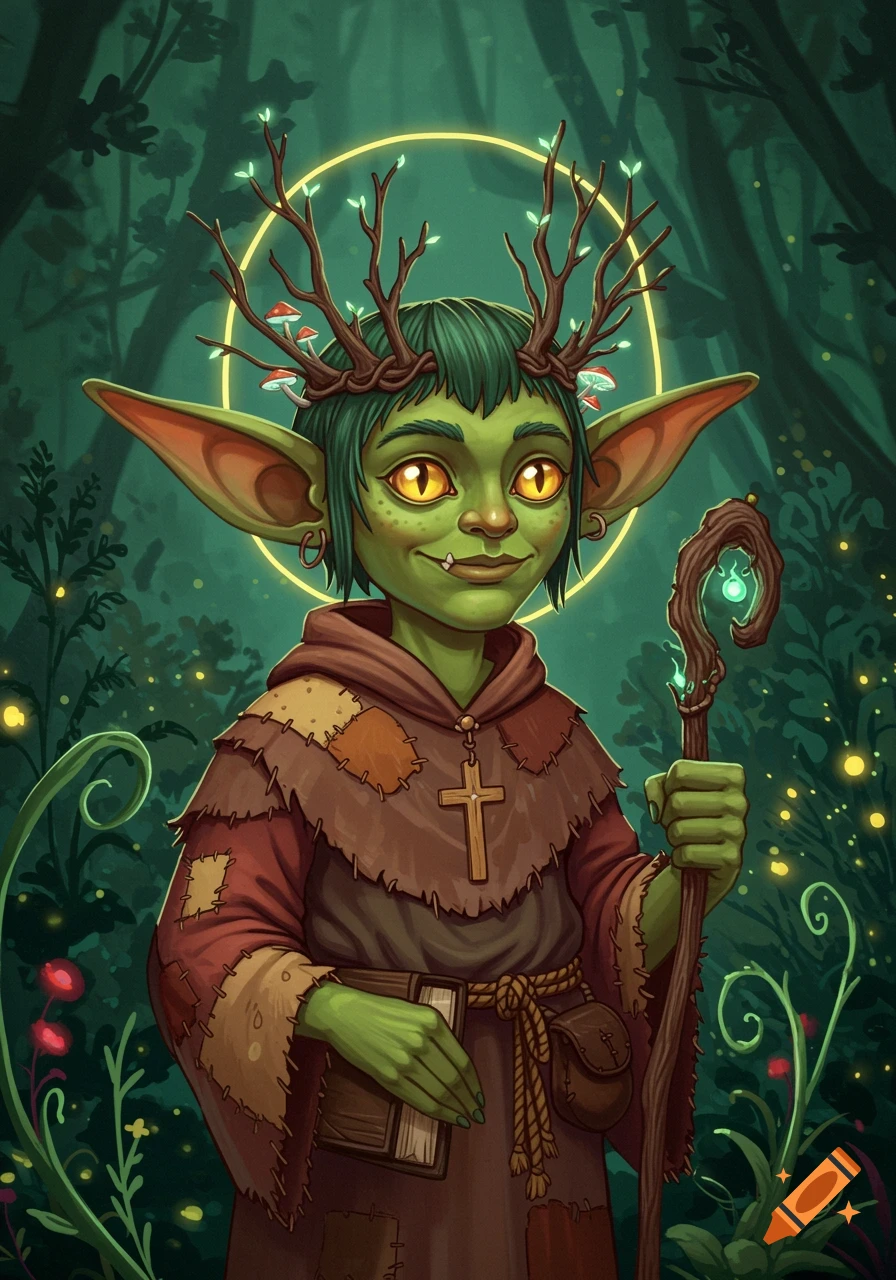 Illustration of a fantasy goblin character with antlers and mushrooms in a forest, holding a staff and book.