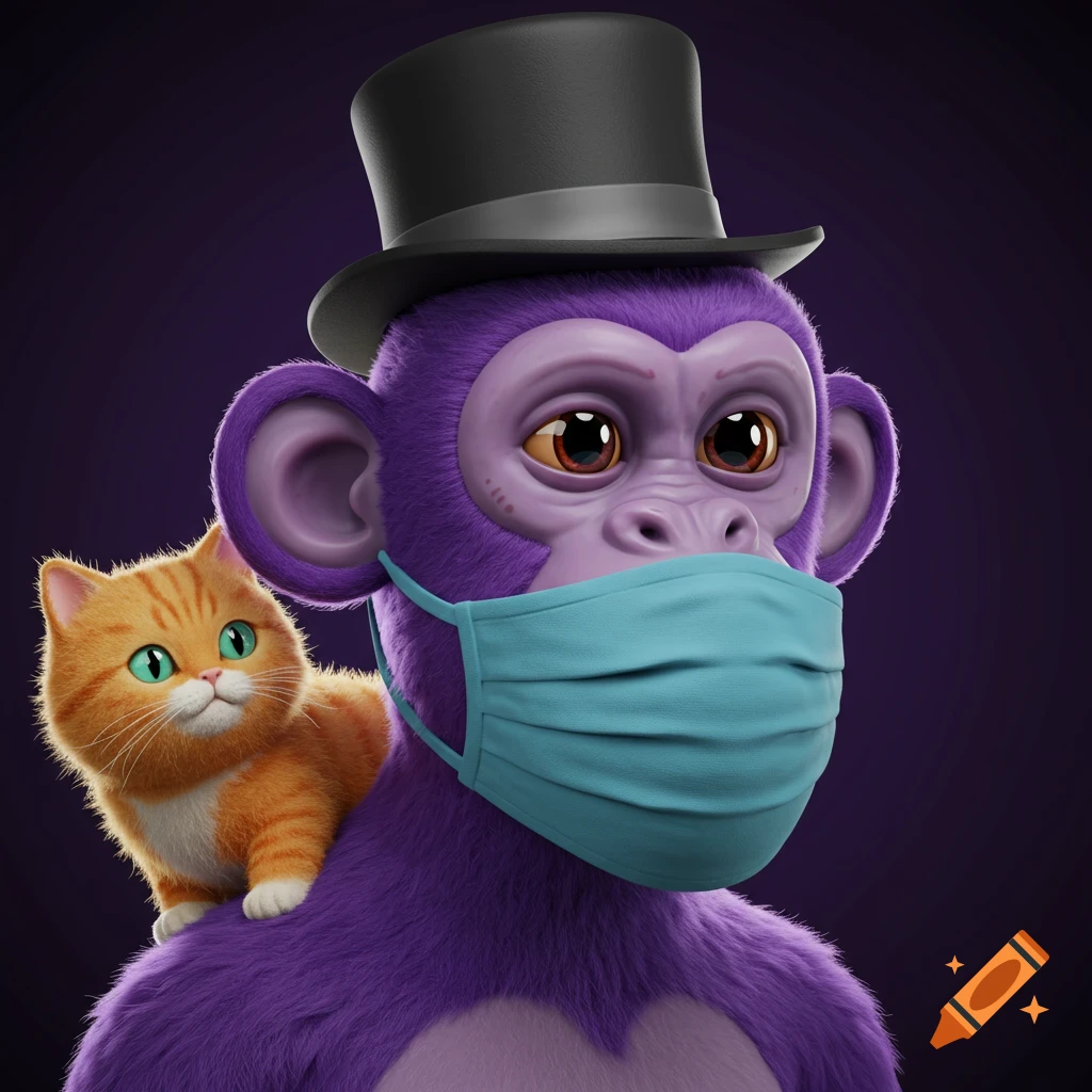 A purple monkey in a top hat and medical mask, with an orange tabby cat sitting on its shoulder. 3D render.