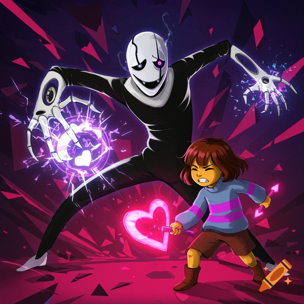 Undertale characters W.D. Gaster and Frisk fighting, with magical glowing effects and sharp background shapes.