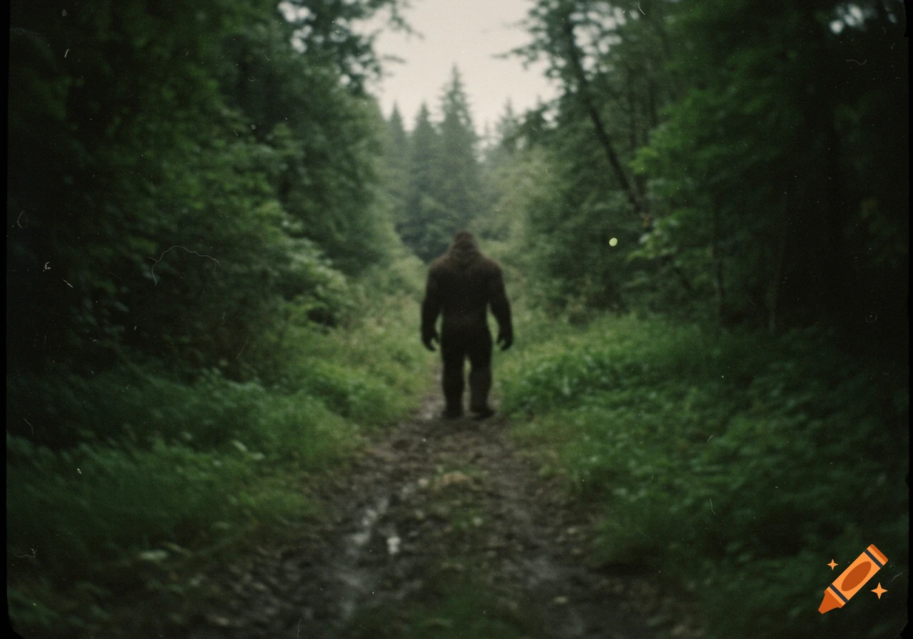 Bigfoot walks away on a muddy forest trail in a blurry trailcam photo.