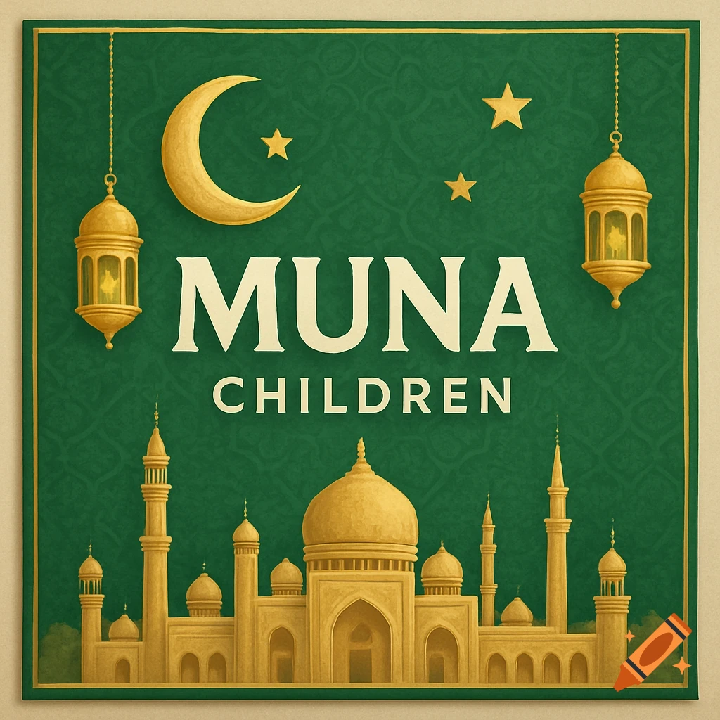 Islamic banner with mosque, crescent moon, stars, lanterns, and the words MUNA CHILDREN