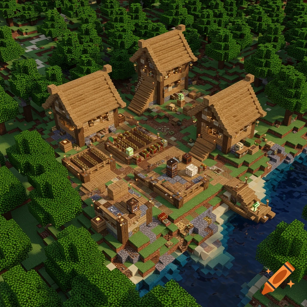 Overhead view of a detailed Minecraft village with wooden houses, gardens, and a dock by the water.