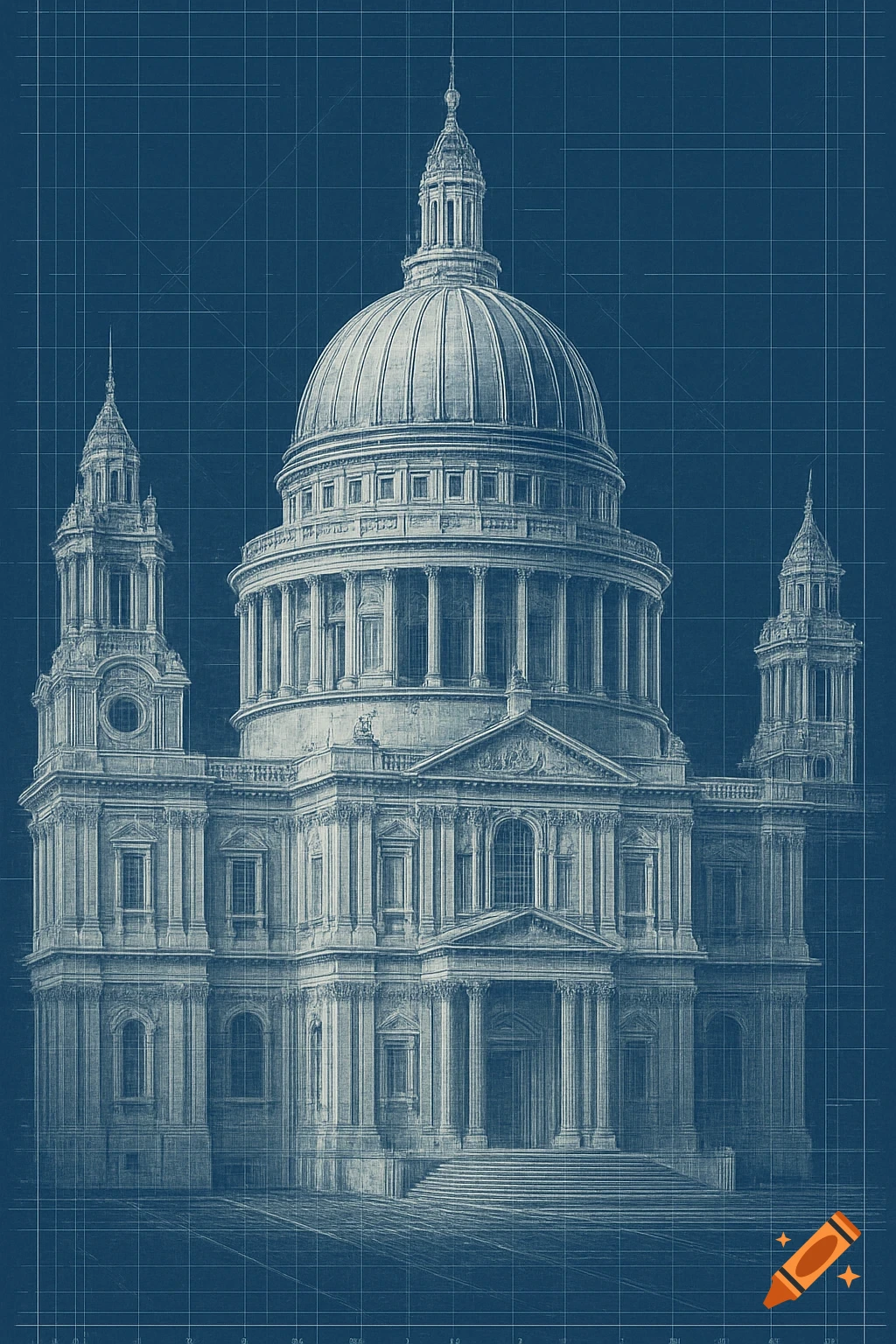 Architectural blueprint drawing of a grand domed building with towers on a blue background.