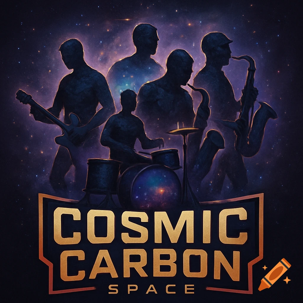 Silhouettes of musicians playing instruments against a space background with a 'Cosmic Carbon Space' logo.
