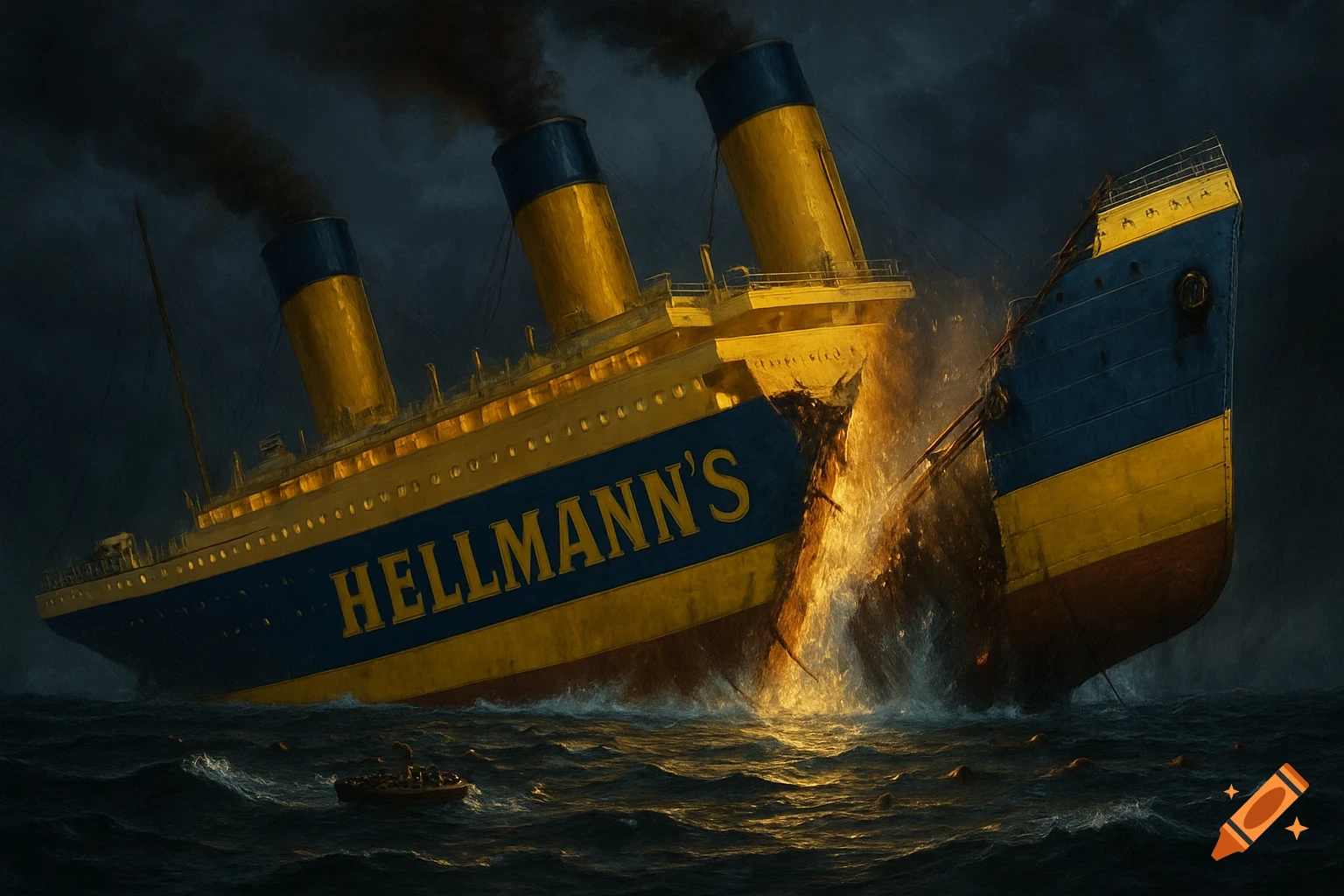 A large yellow and blue ship labeled HELLMANN'S breaks in half and sinks in a dark, stormy ocean with a lifeboat nearby. Cinematic style.