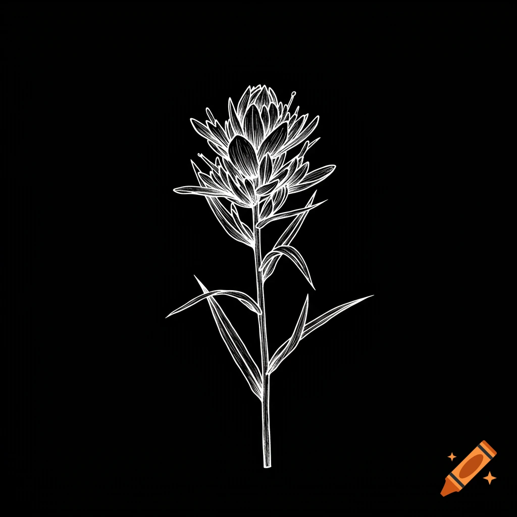 White line drawing of an Indian paintbrush plant against a black background.