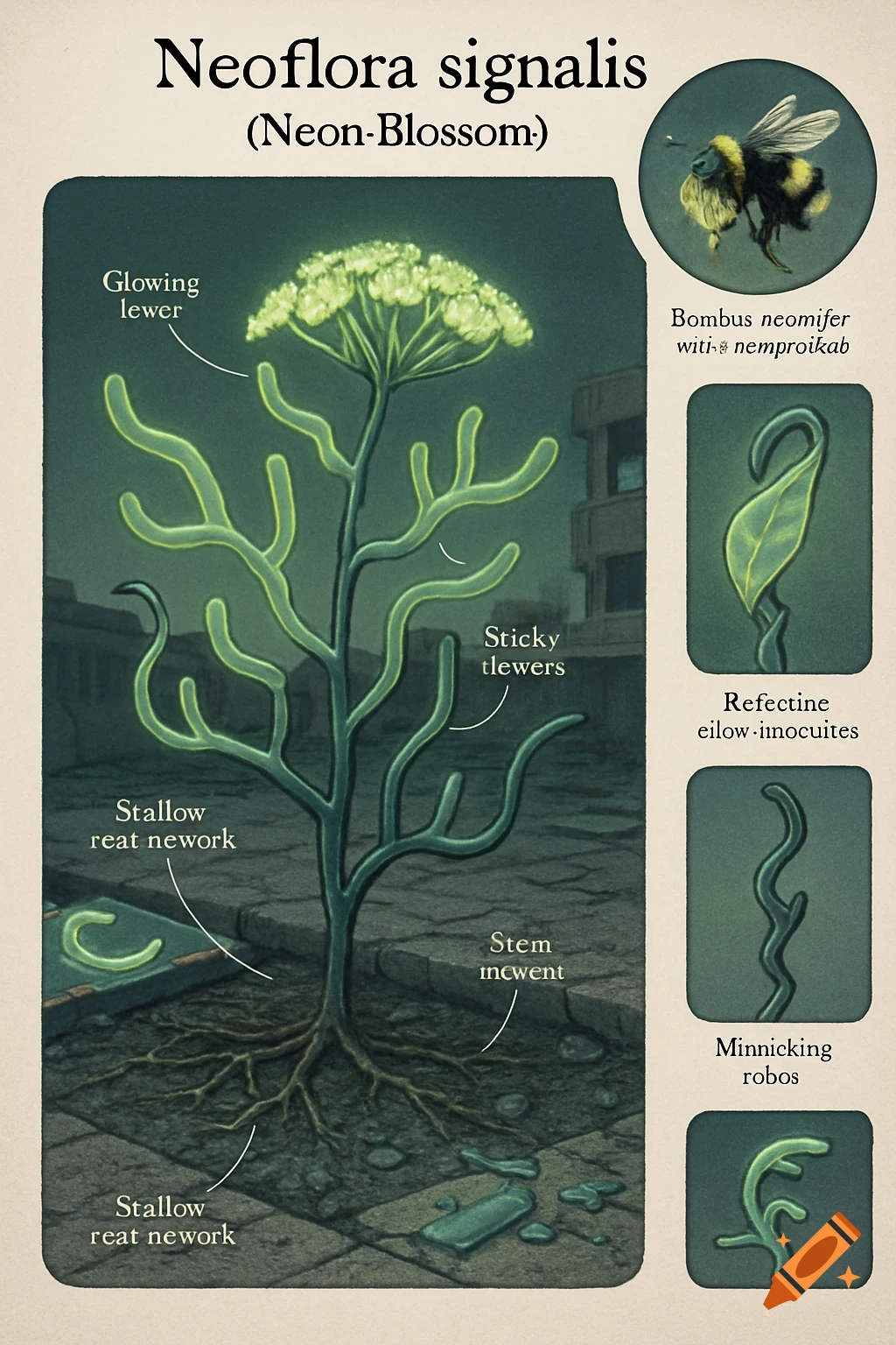 Botanical illustration of a glowing plant with labels, bee, and insets in urban ruins.