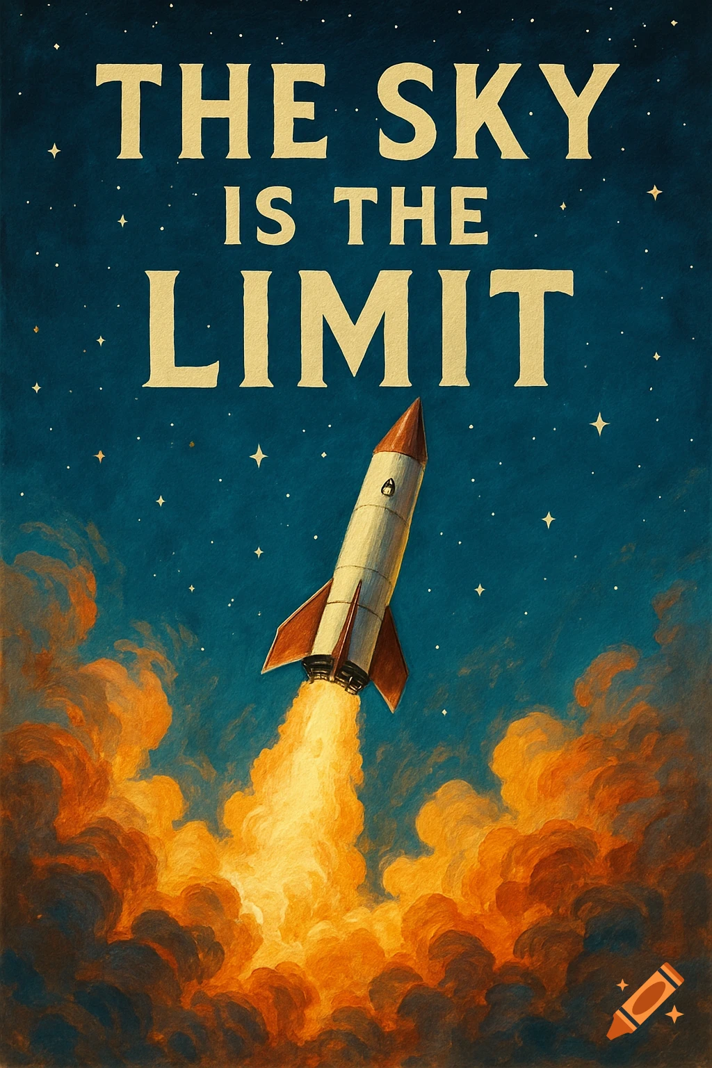 Vintage illustration of a rocket launching amidst stars, with 'THE SKY IS THE LIMIT' text.