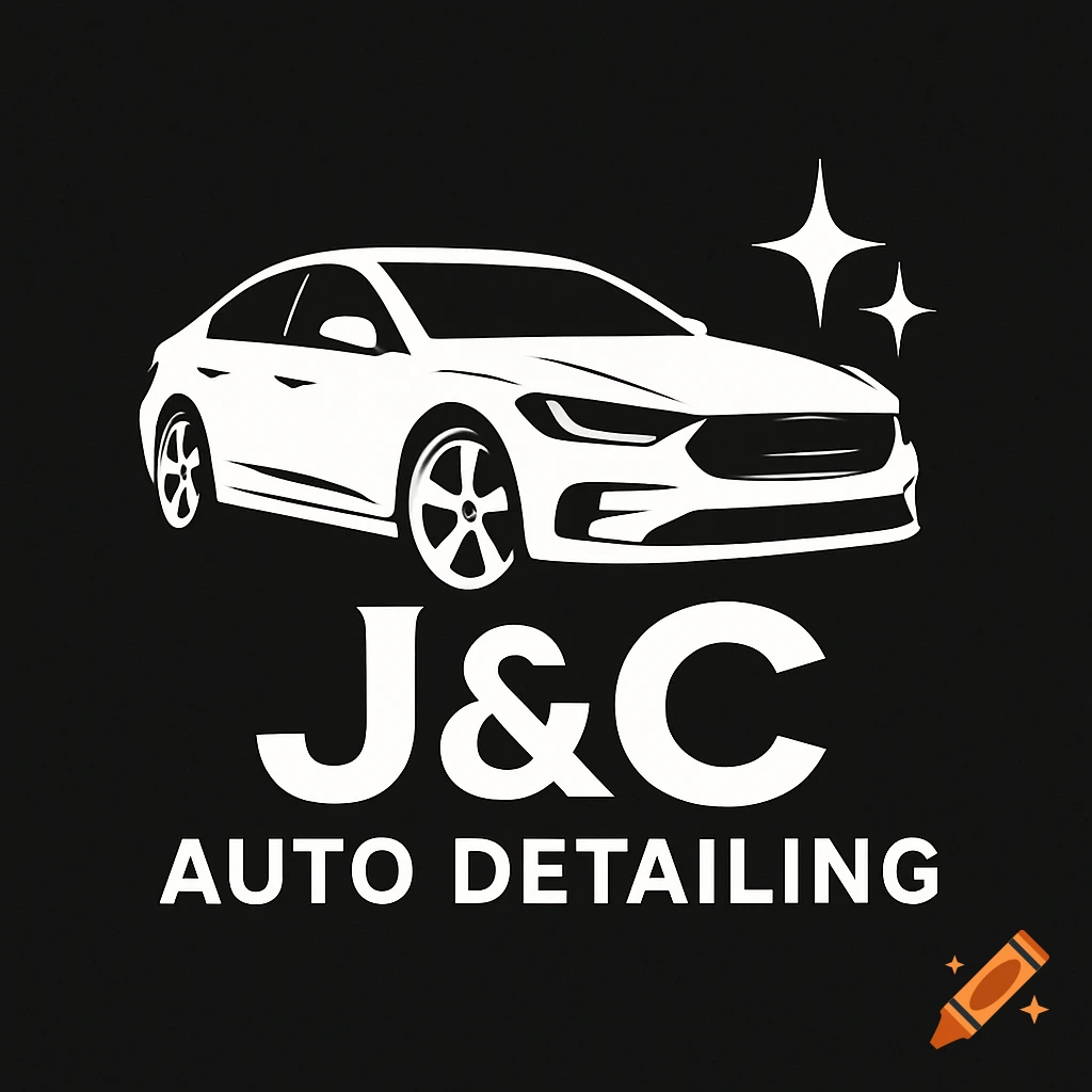 Logo with a white car, stars, and text J&C AUTO DETAILING on black