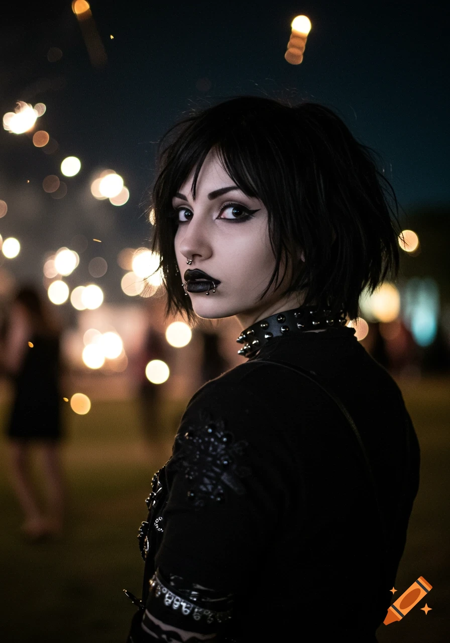 Portrait of a person with dark emo/goth style looking back at the camera at night with blurred lights.