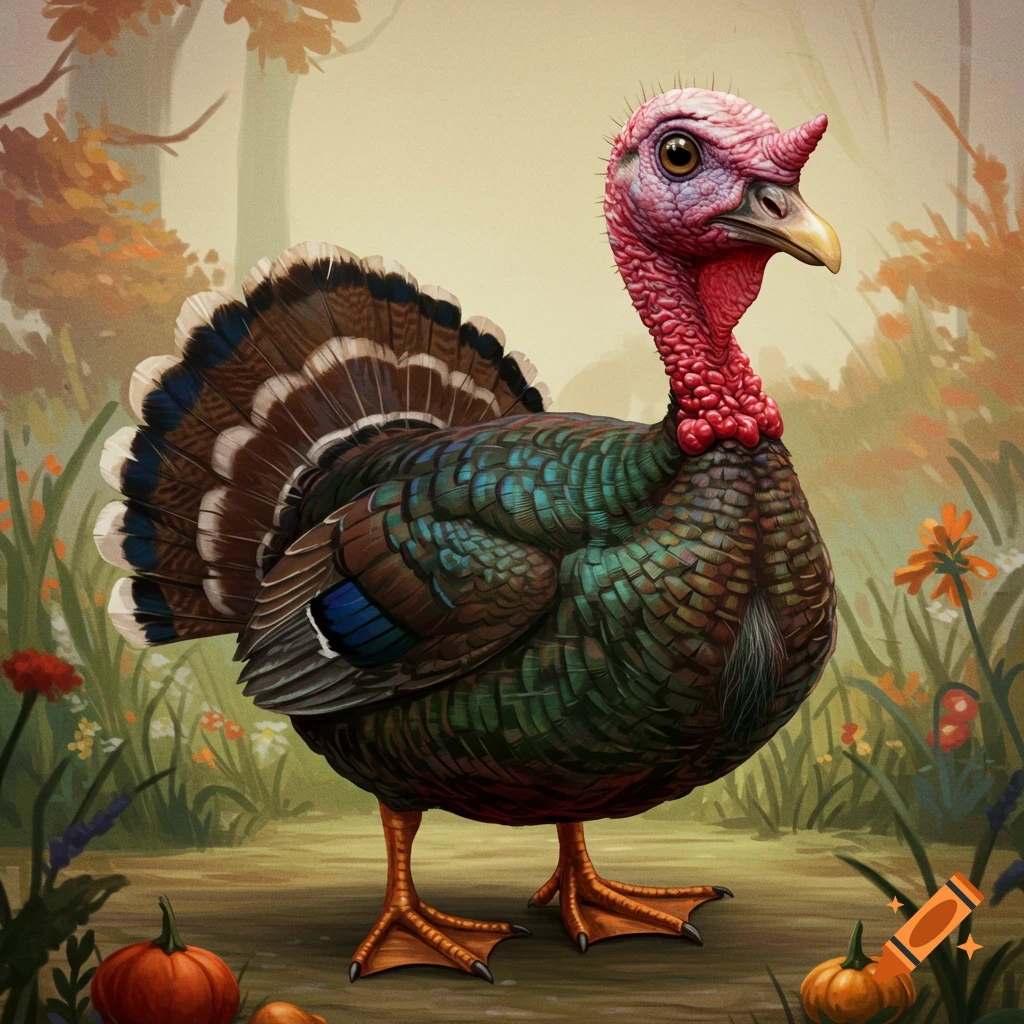 A creature that is part turkey and part duck stands in an autumn forest with pumpkins.