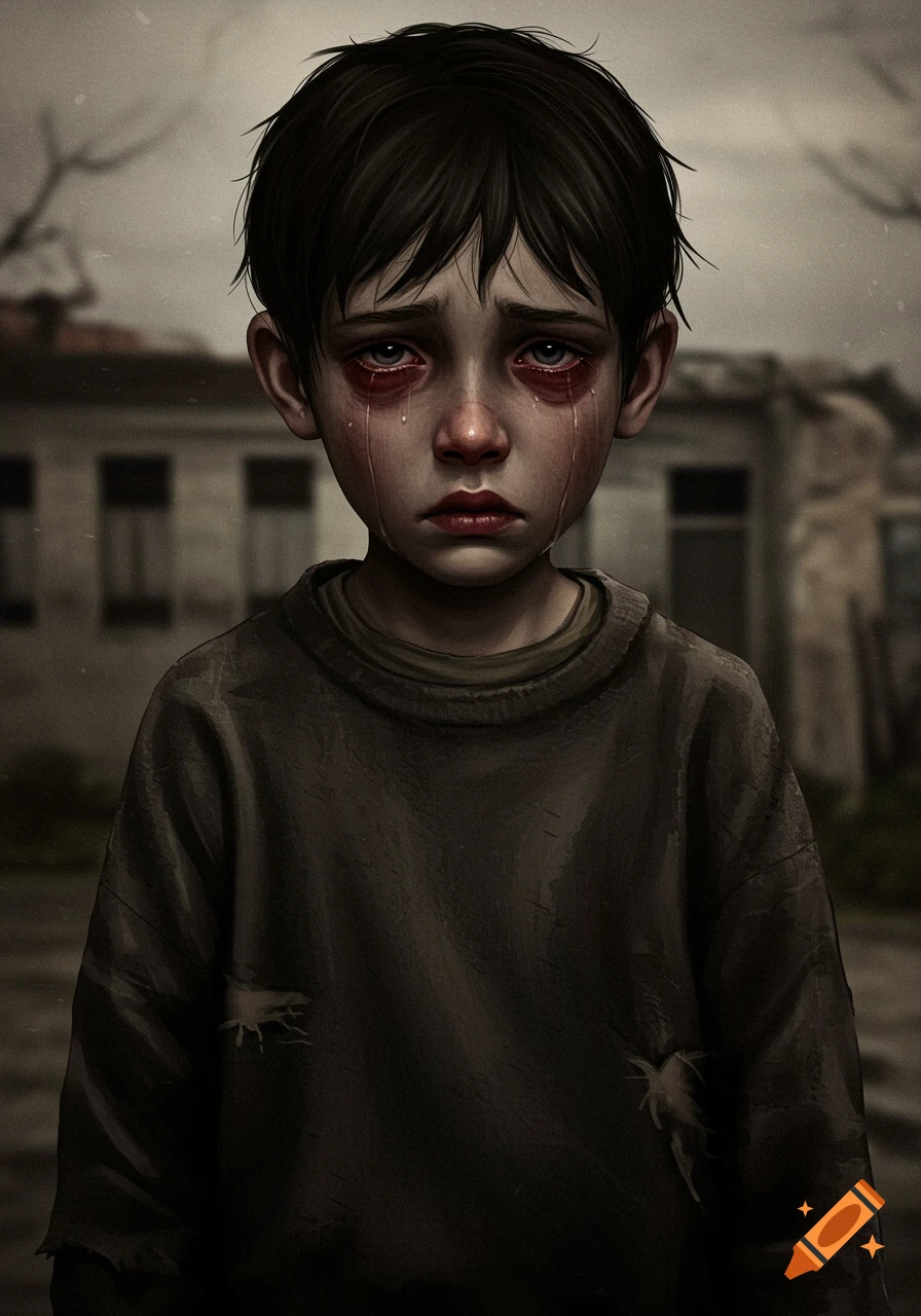 Illustration of a crying boy with red eyes and tears, wearing a dark shirt, against a blurred bleak background.