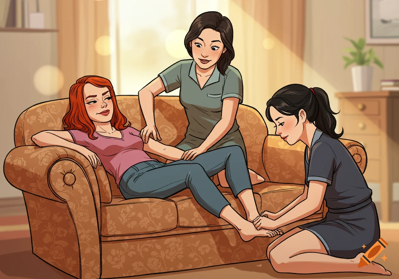 Drawing of a woman relaxing on a couch getting a foot and arm massage from two other women.