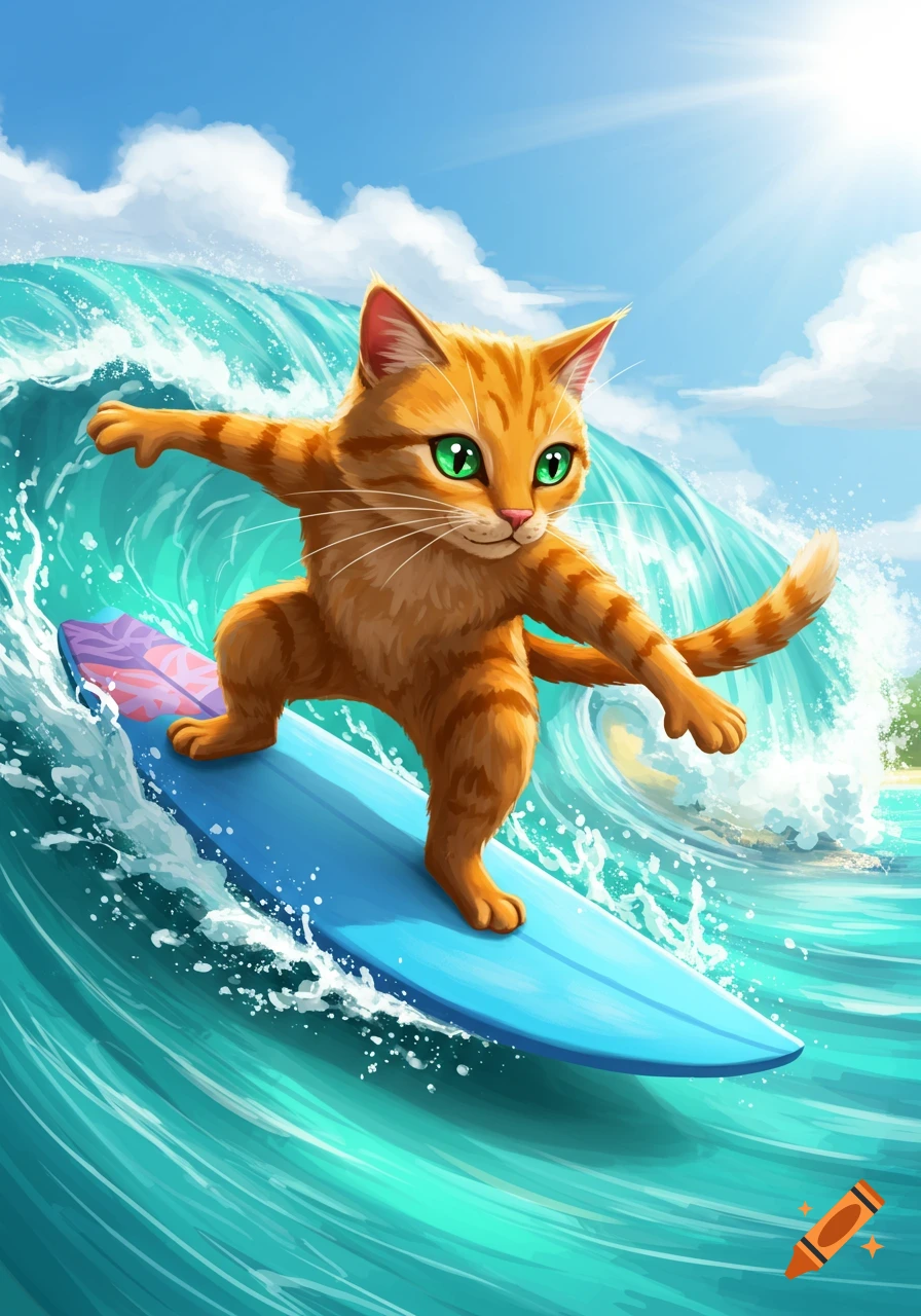 Orange tabby cat surfing a large wave on a blue board, illustration.