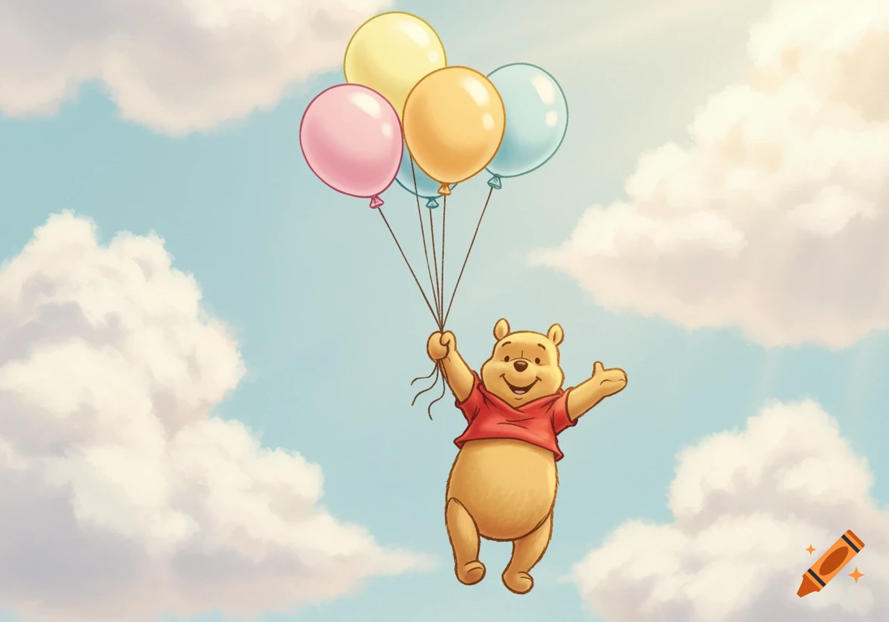 Cartoon Winnie the Pooh floats in the sky holding balloons.