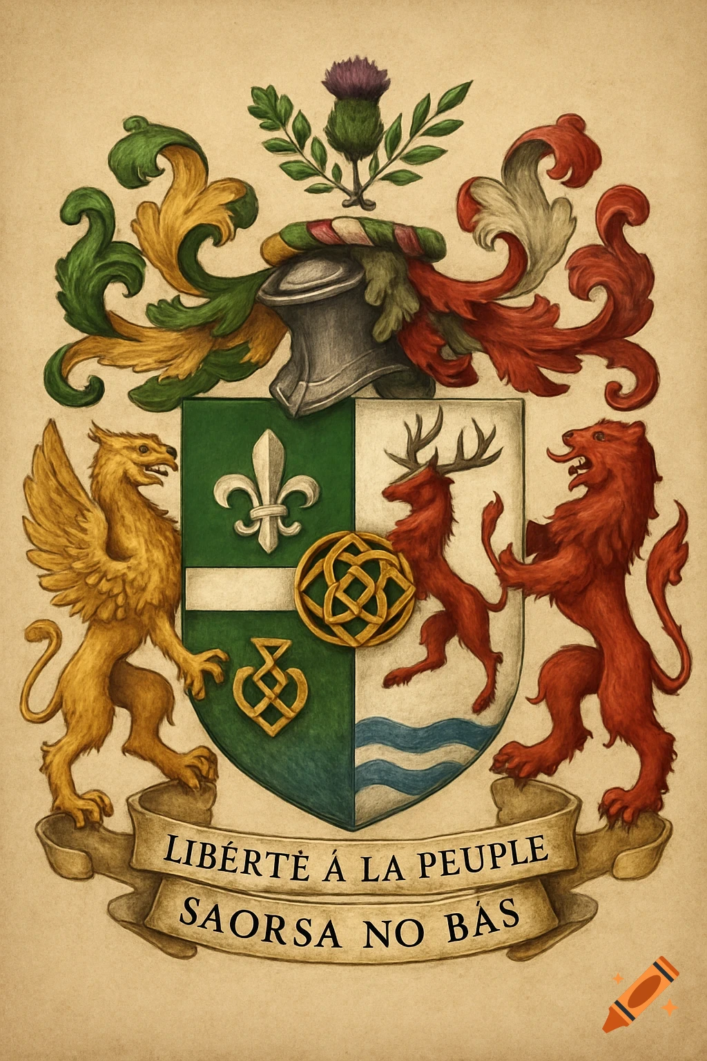 A detailed illustration of a coat of arms with a shield divided green and white, featuring a fleur-de-lis, waves, stag, and symbols. Supported by a gold griffin and a red lion, with a thistle crest and a banner below.