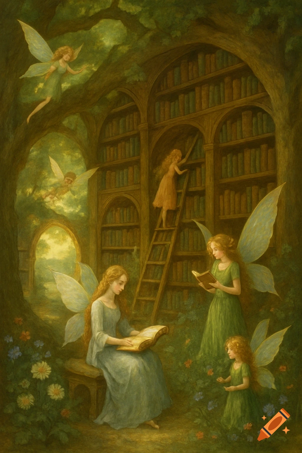 Fairies read books among shelves built into trees in a magical forest library.