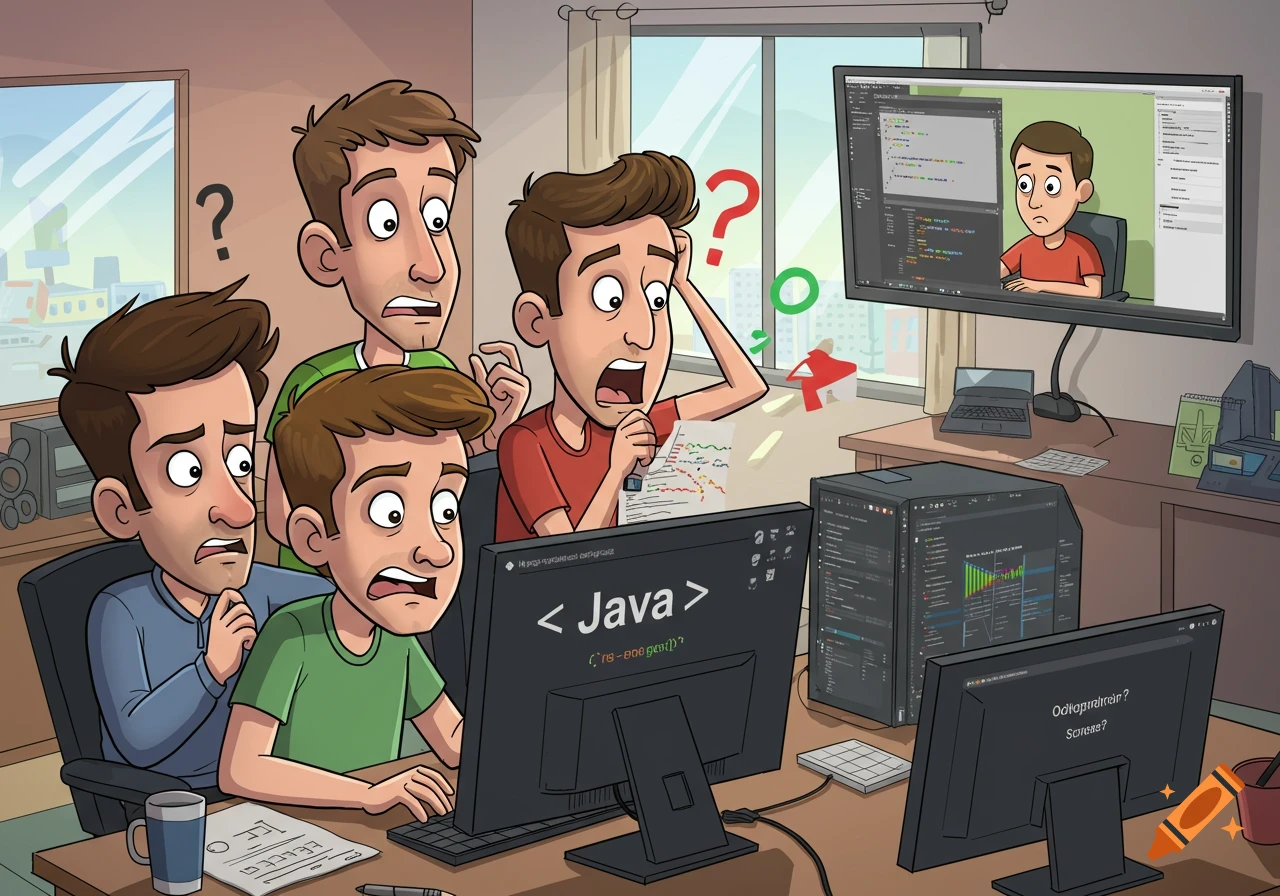 Cartoon of four stressed developers looking at computer screens, one remote.