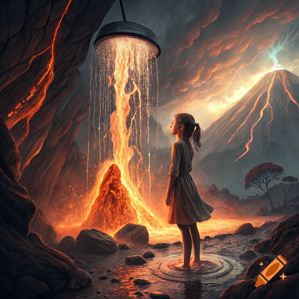 A girl stands in water under a lava shower near volcanoes in a surreal landscape.