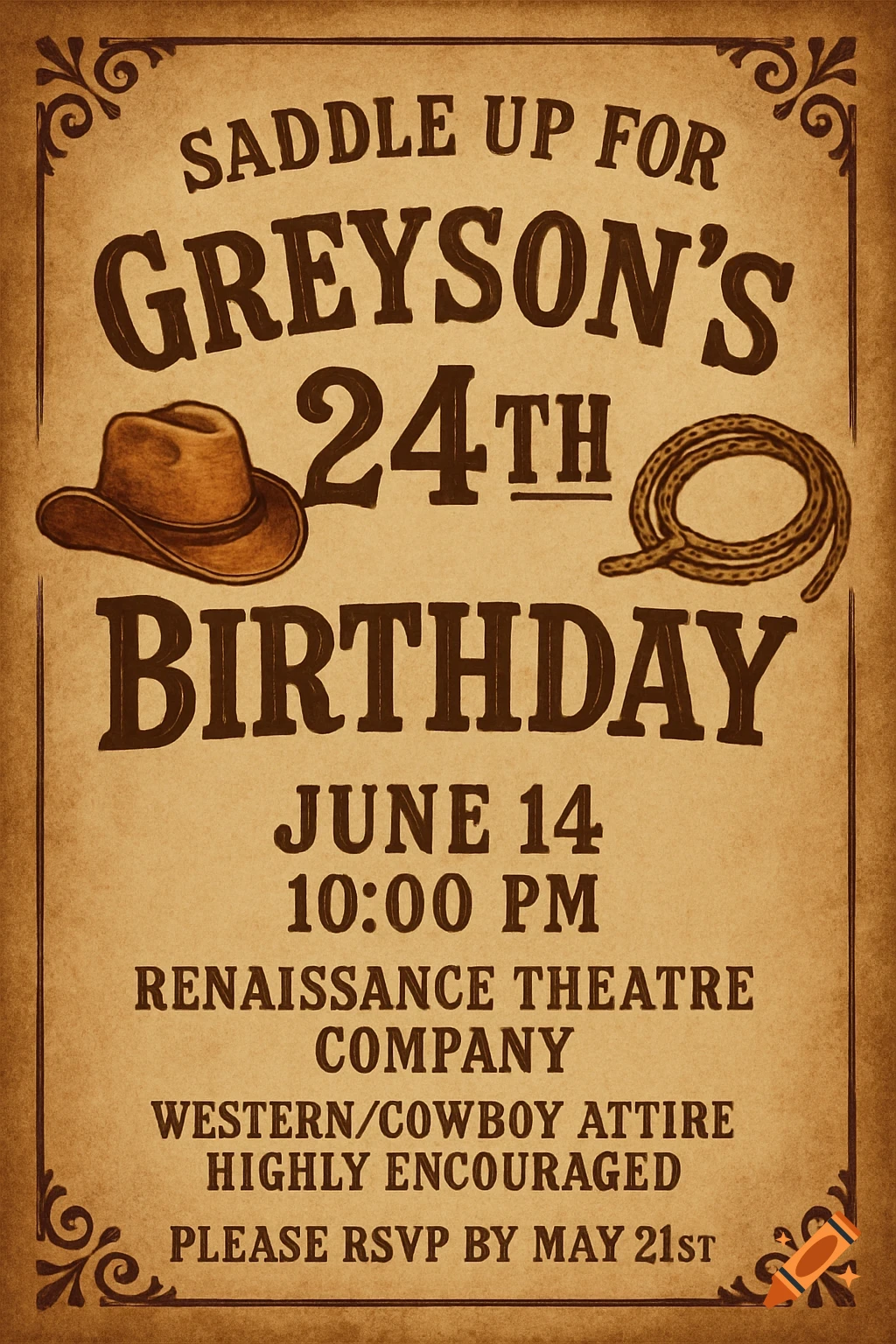 A western-themed birthday invitation poster with a cowboy hat and rope.