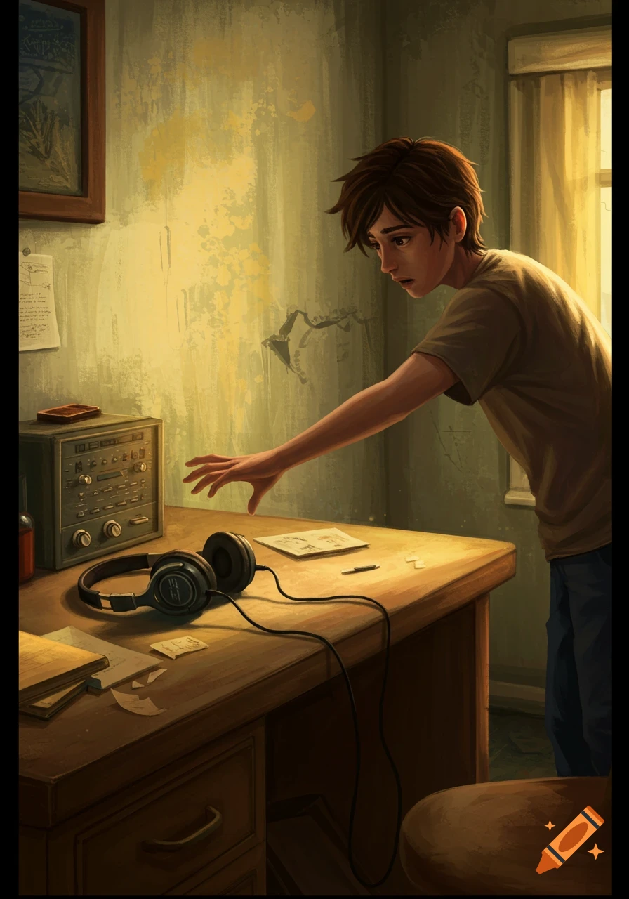 A person reaching towards headphones on a dusty desk in an illustrated room.