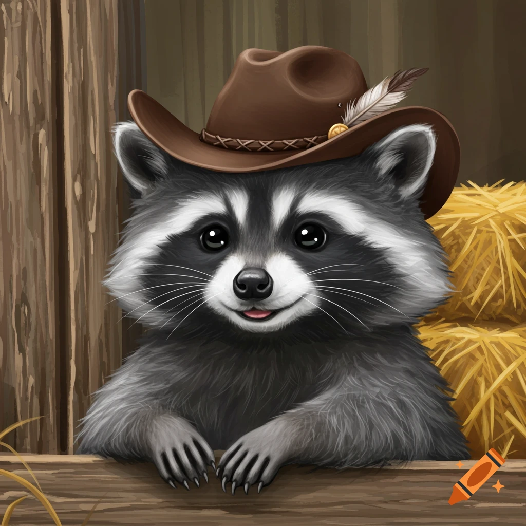 A cute raccoon wearing a cowboy hat peeking over a wooden fence in a barn.