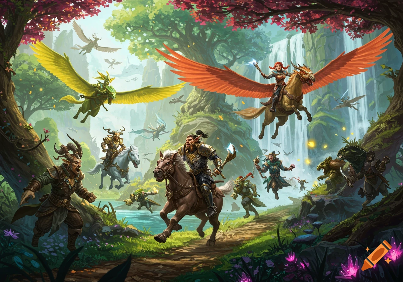 Fantasy characters race on horses and winged creatures through a lush ...