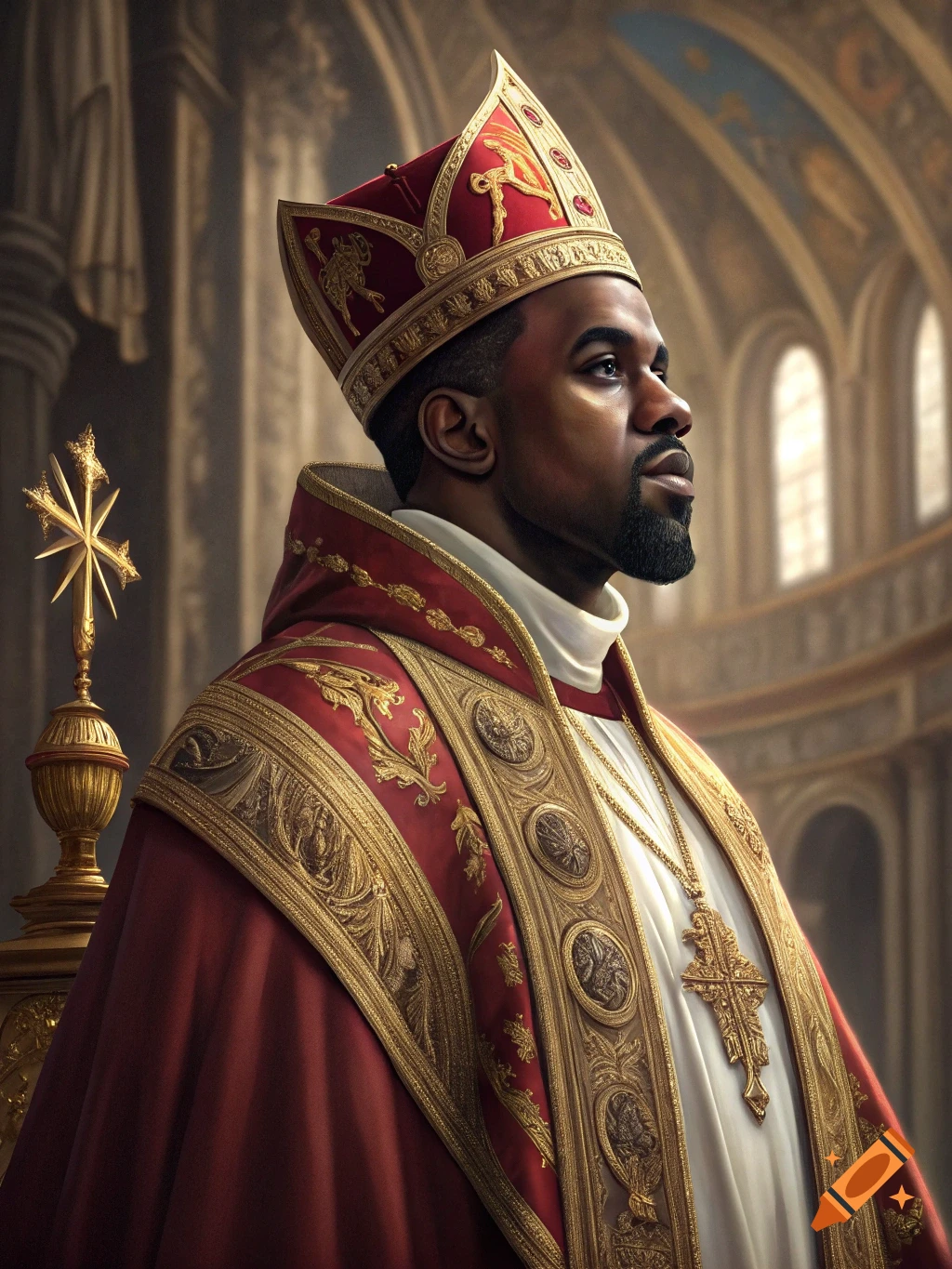 Portrait of Kanye West wearing a pope's hat and robes in a cathedral on ...