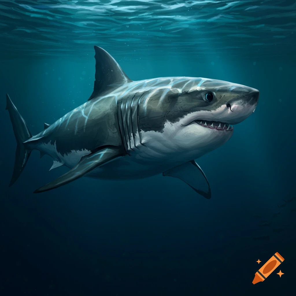 An illustration of a great white shark swimming underwater.