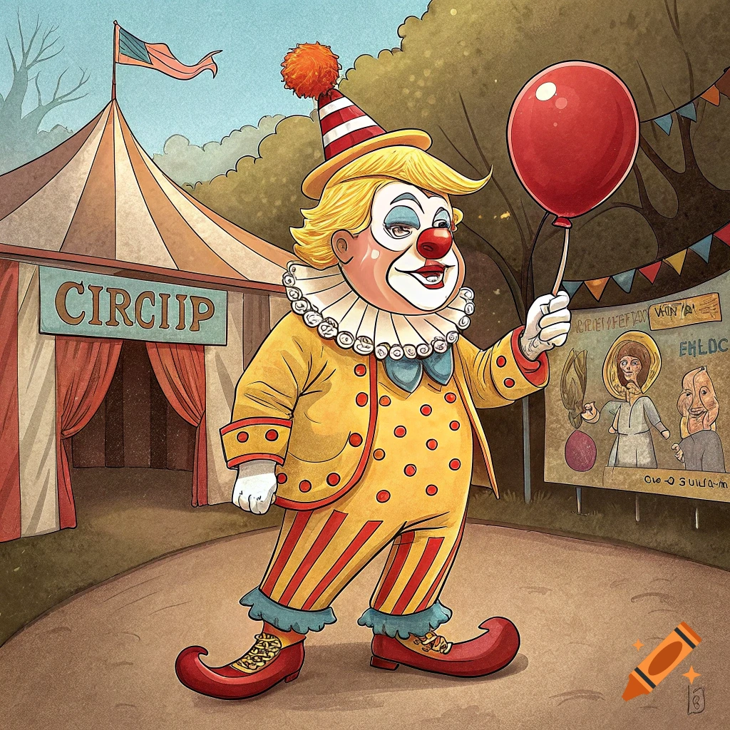 Cartoon of a clown in a yellow suit and red balloon standing outside a circus tent.
