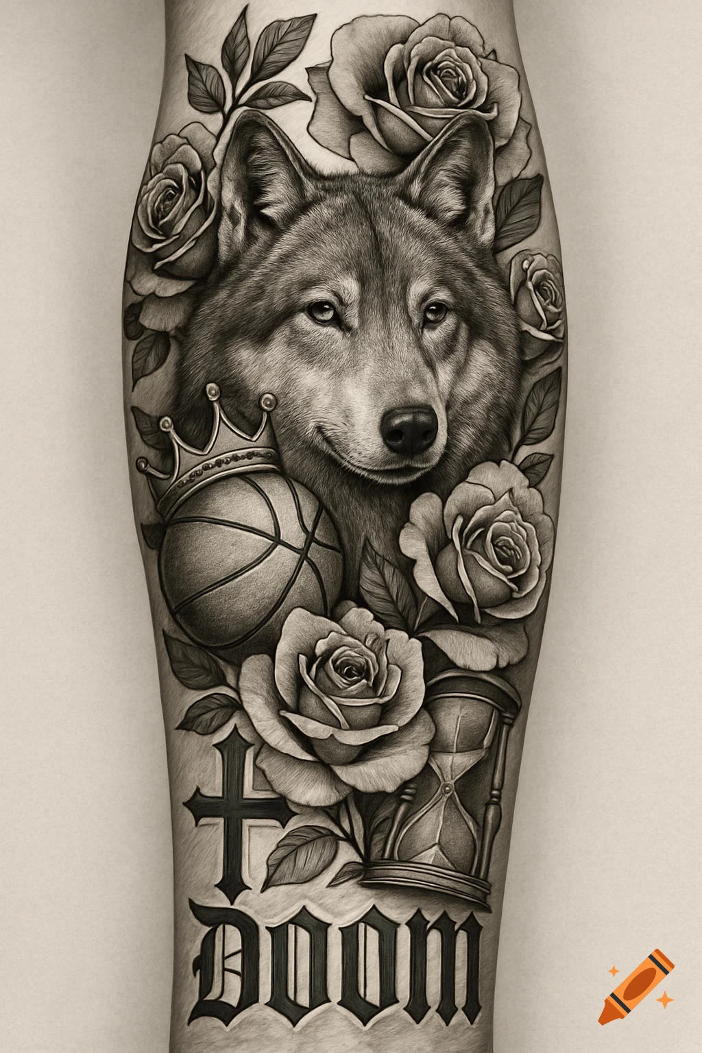 Black and white tattoo design of a wolf head surrounded by roses, basketball, crown, cross, hourglass, and the word DOOM.