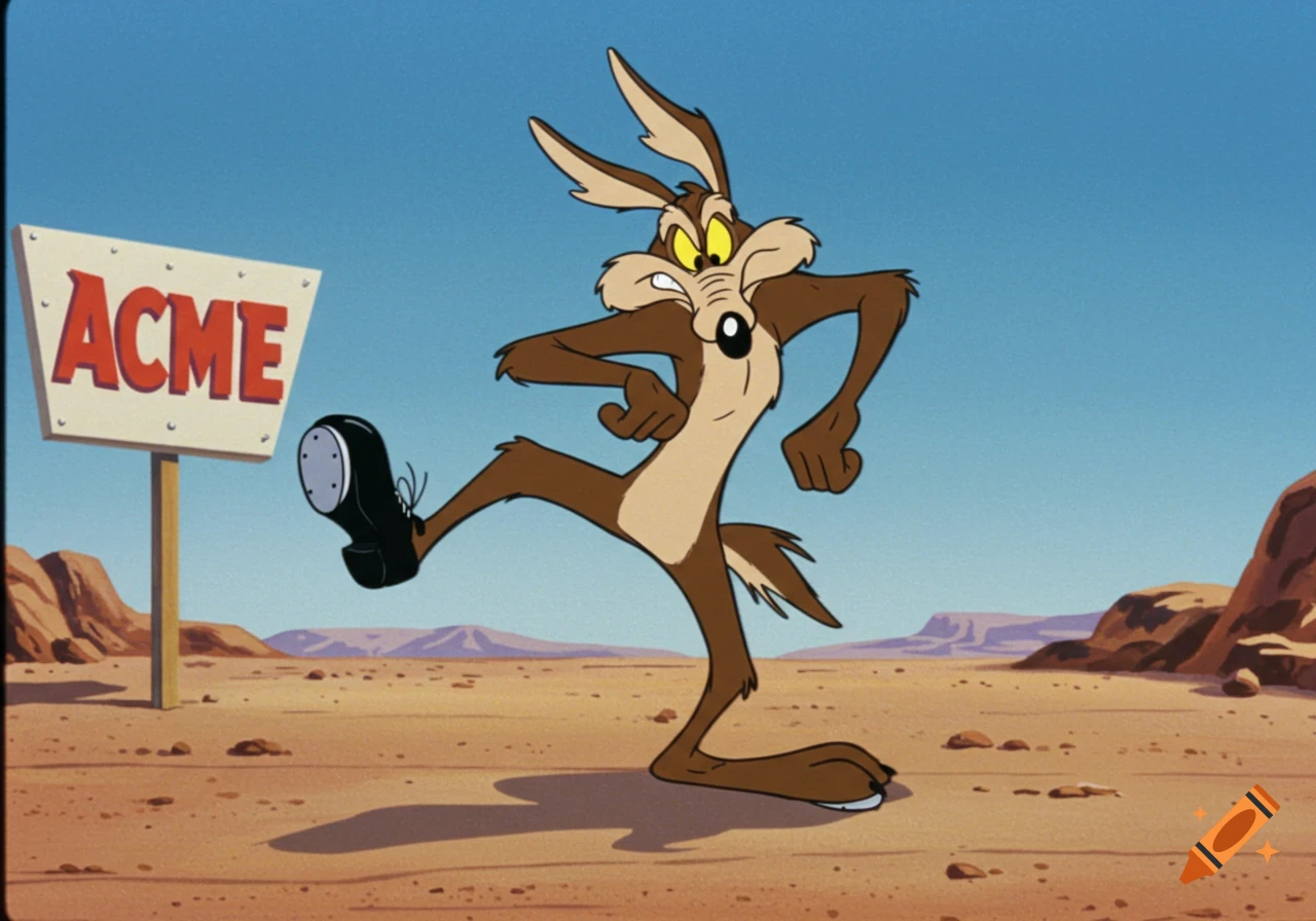 Wile E. Coyote stands in the desert next to an ACME sign, lifting one foot in a tap dancing pose. Classic cartoon animation style.