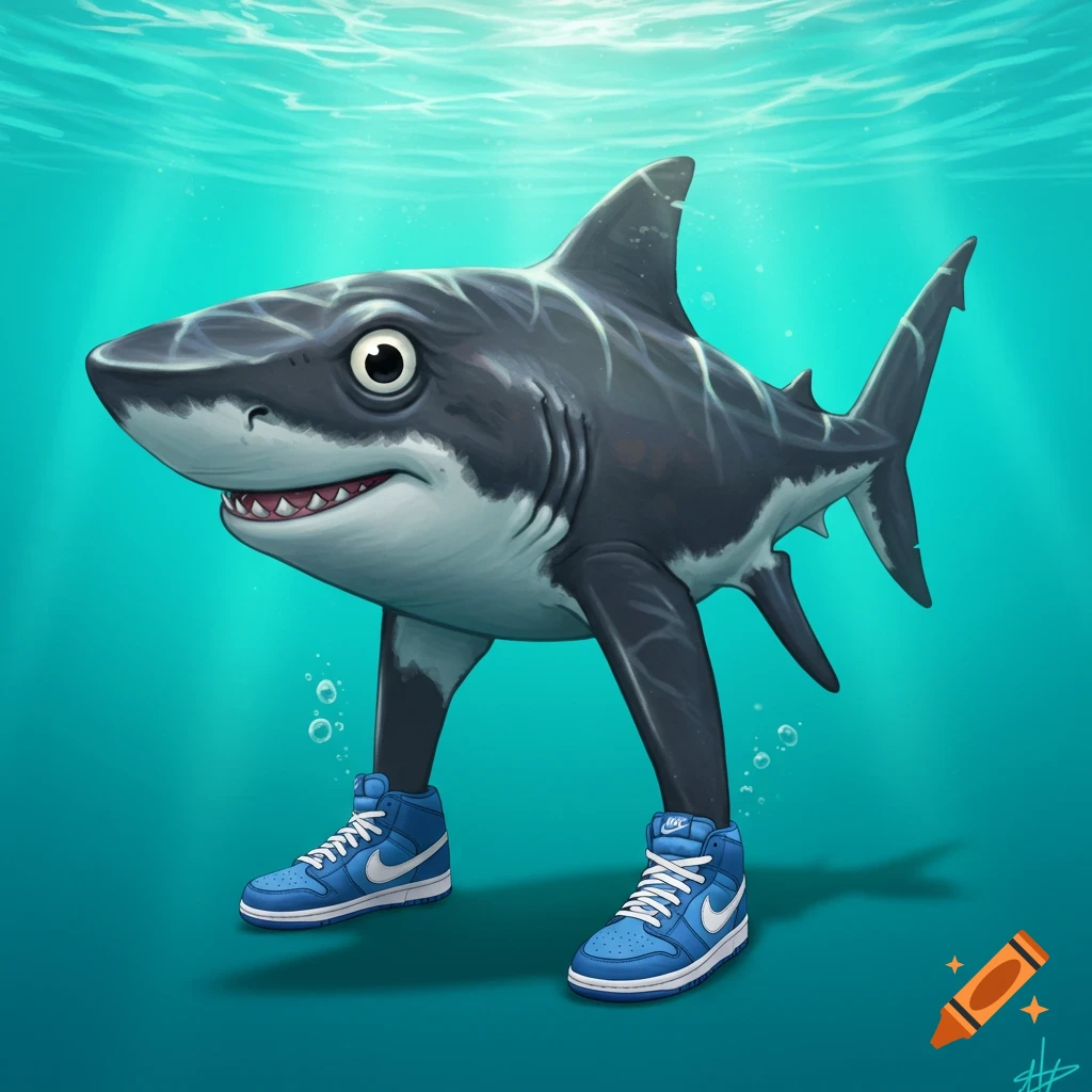 A cartoon shark stands underwater wearing blue Nike high-top sneakers.