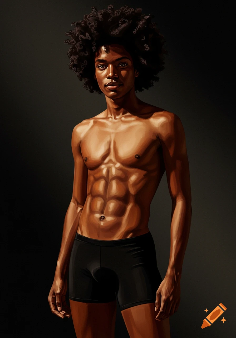 Painterly rendering of a muscular man with an afro wearing black shorts.