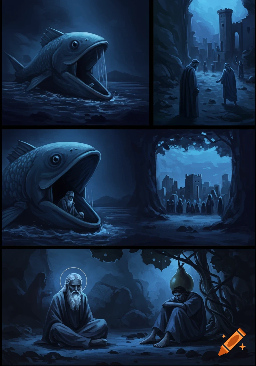 A four-panel digital painting in dark blue tones depicting scenes from the story of Jonah, including the large fish, figures in a city, and Jonah under a plant.