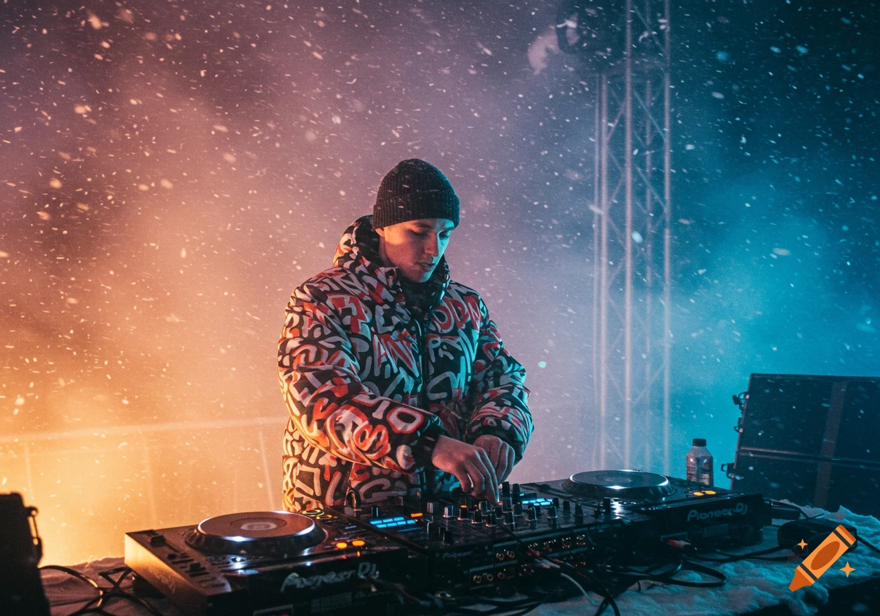 A DJ mixing music in a snow blizzard with stage lights.