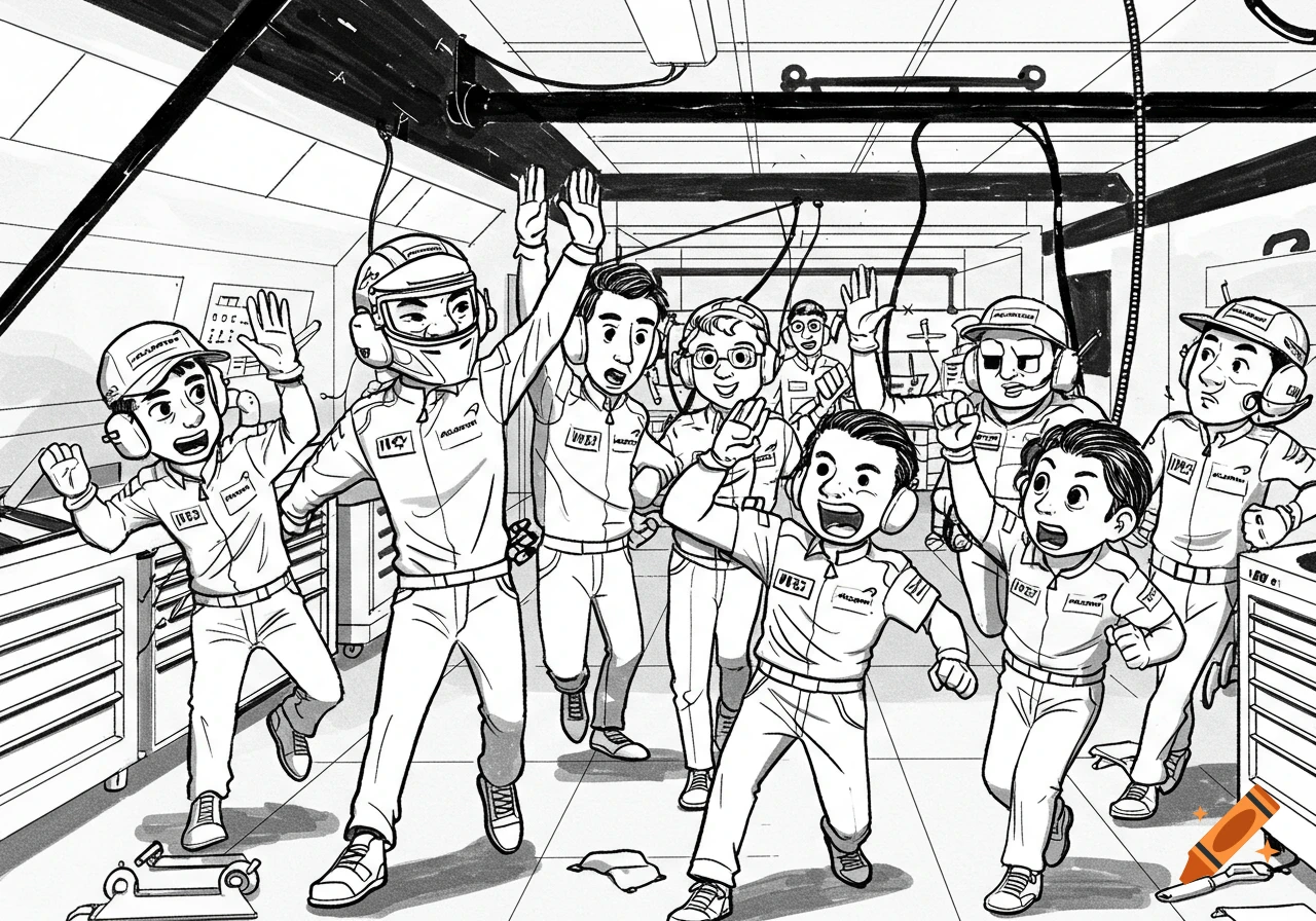 Black and white line drawing of pit crew mechanics celebrating and high-fiving in a racing garage.